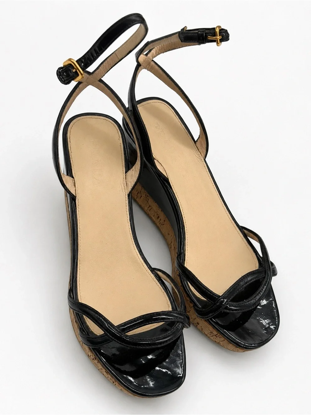 Prada Patent Leather Cork Platform Wedge Sandals